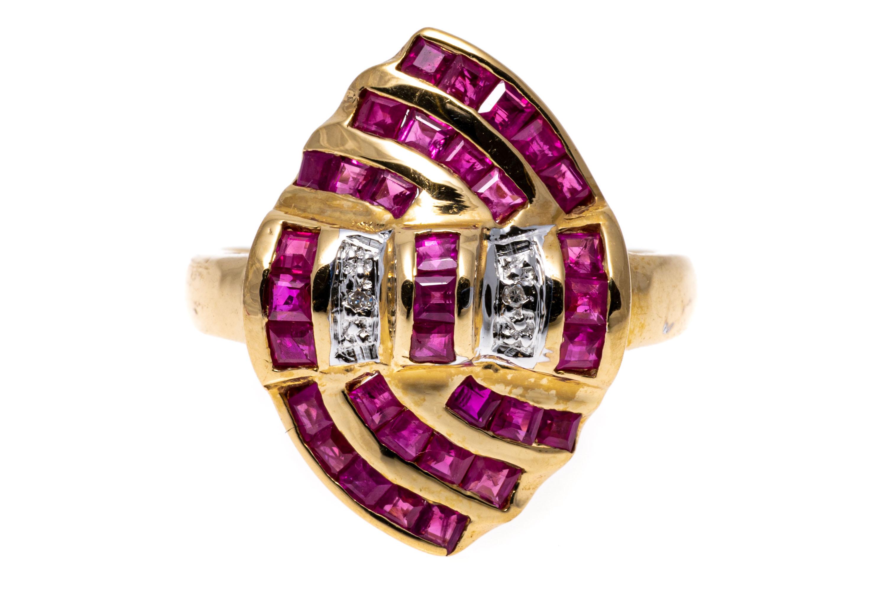 14k Yellow Navette Shaped Channel Ruby and Diamond Ring For Sale 1
