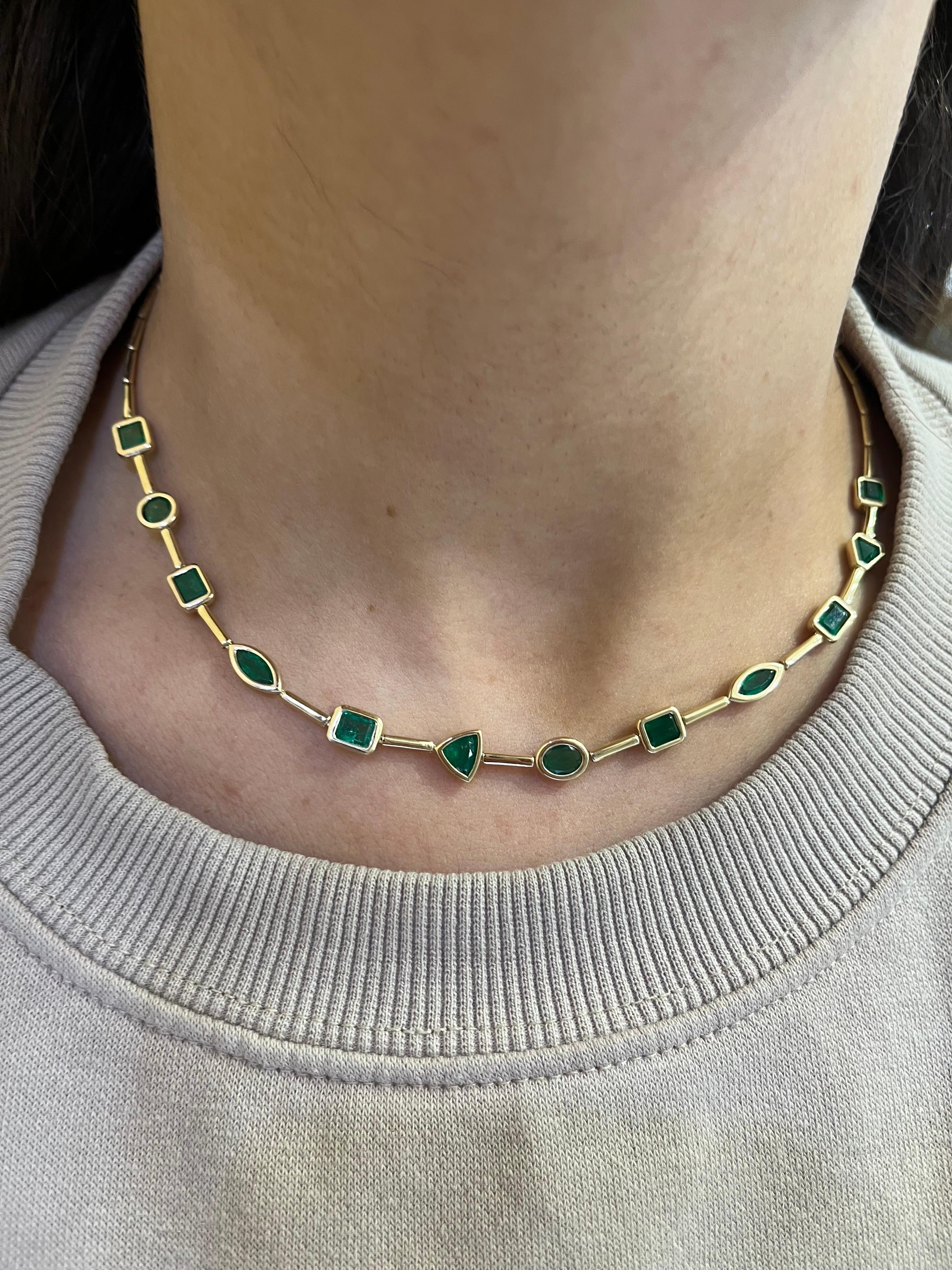 Modern 14K Yellow Necklace Fancy Shape Emeralds 5.50 Ct. For Sale