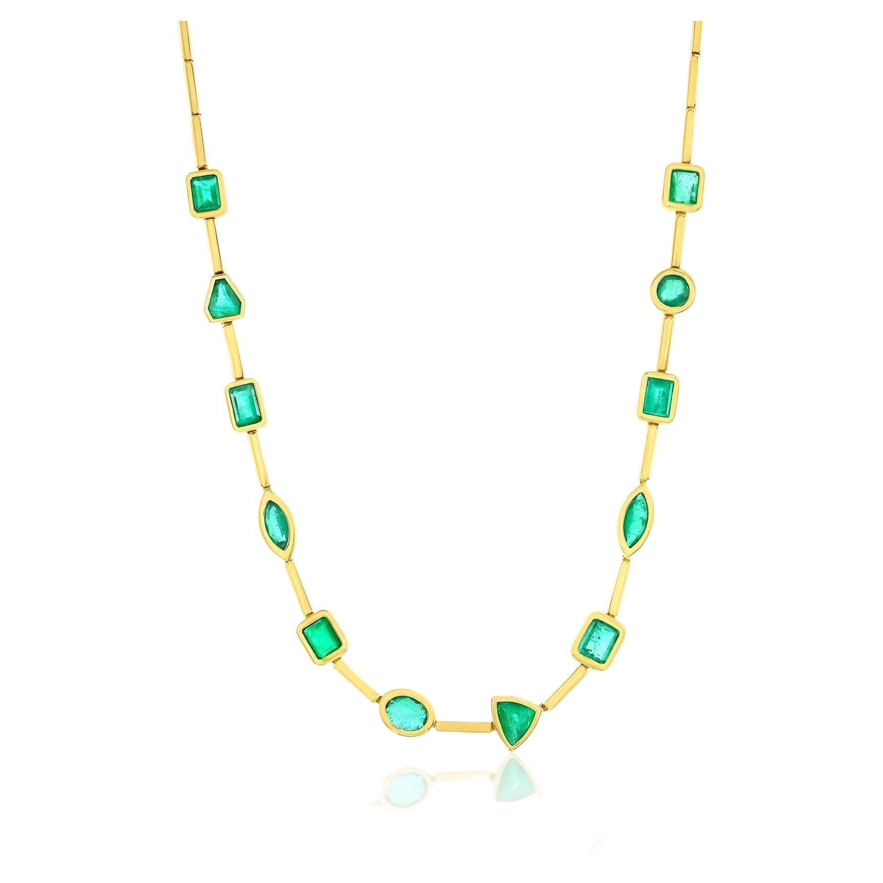14K Yellow Necklace Fancy Shape Emeralds 5.50 Ct. For Sale