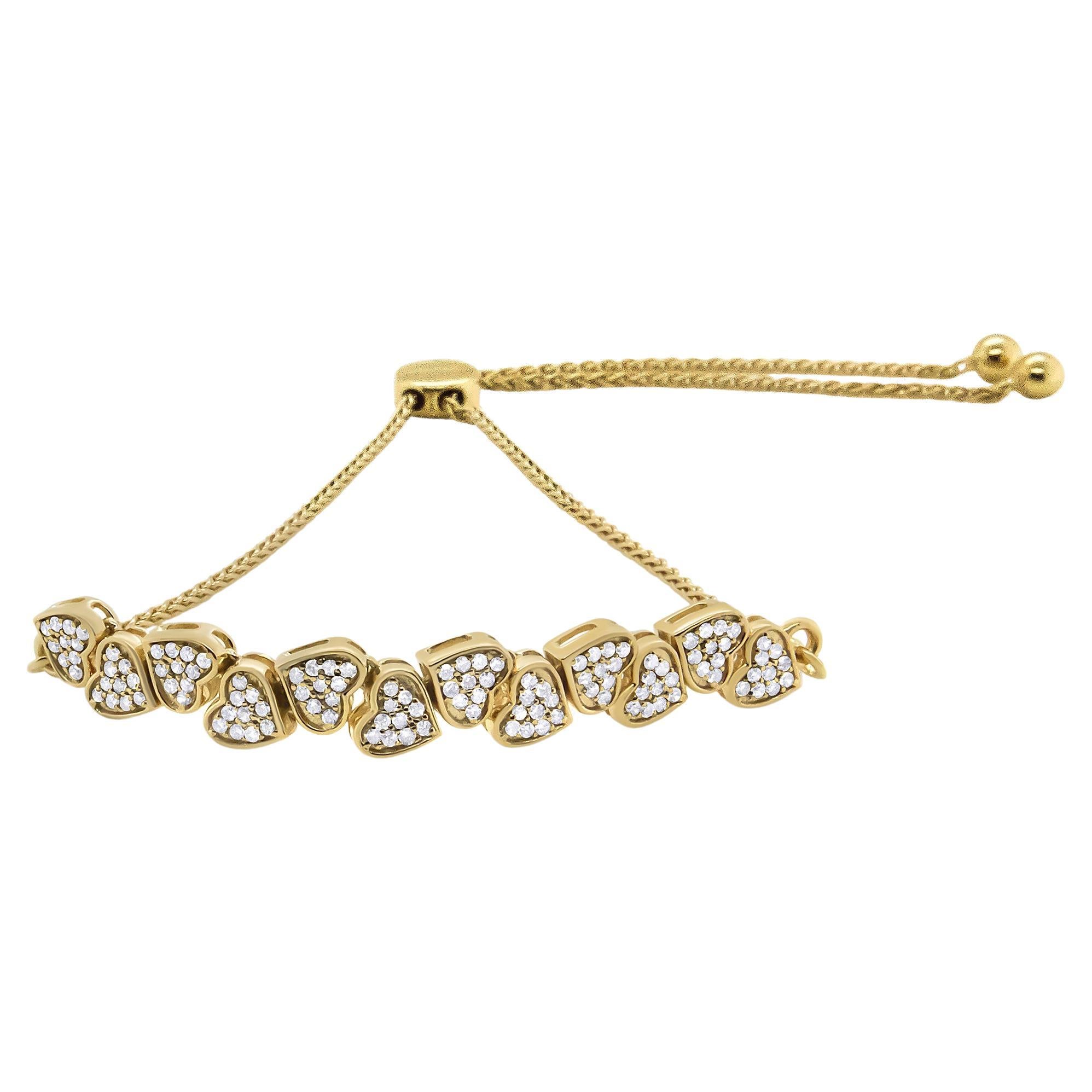 Bracelet Bolo en or jaune 14 carats sur argent sterling avec diamants 1/2 carat en forme de cœurs latéraux