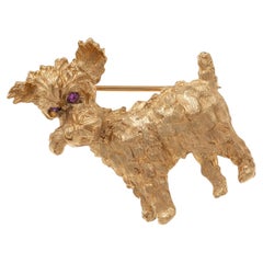 14K Gelb Pflaume Gold Terrier Brosche mit Rubin Augen