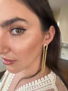 14k Yellow Reeded Gold, Pearl and Diamond Tassel Horseshoe Earrings