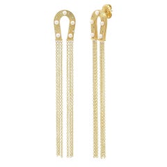 14k Yellow Reeded Gold, Pearl and Diamond Tassel Horseshoe Earrings