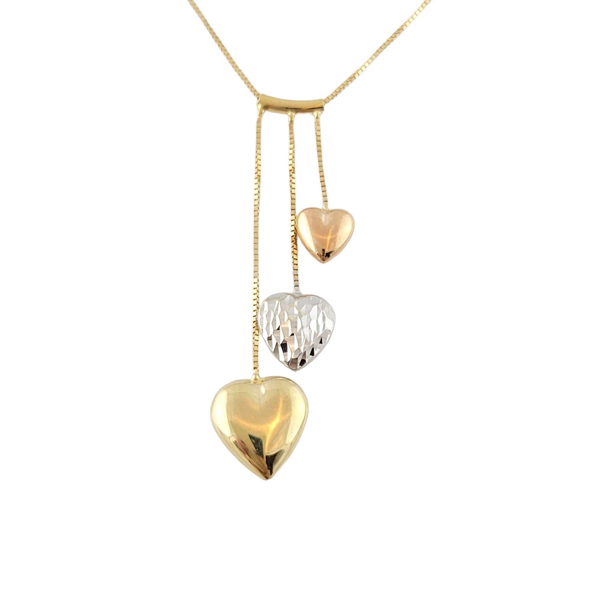 Vintage 14K Yellow, Rose and White Gold Tri-Color Heart Necklace

This beautiful 14K gold chain is paired with 3 (1 white gold, 1 yellow gold, & 1 rose gold) gorgeous hearts dangling!

Chain length: 17 3/4