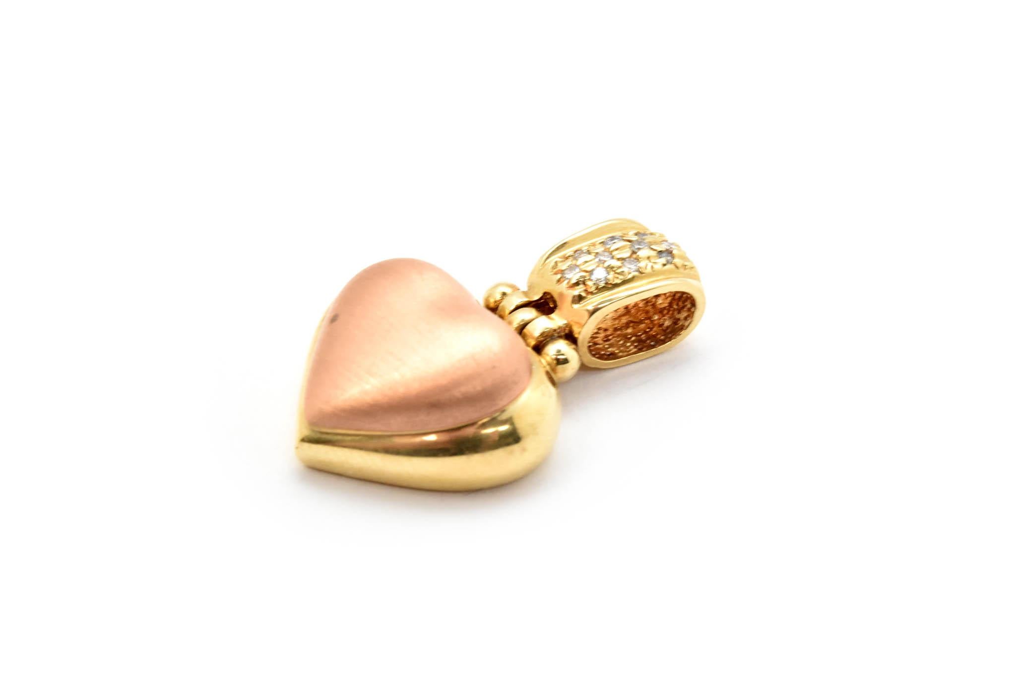 14 Karat Yellow and Rose Gold Heart Pendant with Diamonds In Excellent Condition In Scottsdale, AZ