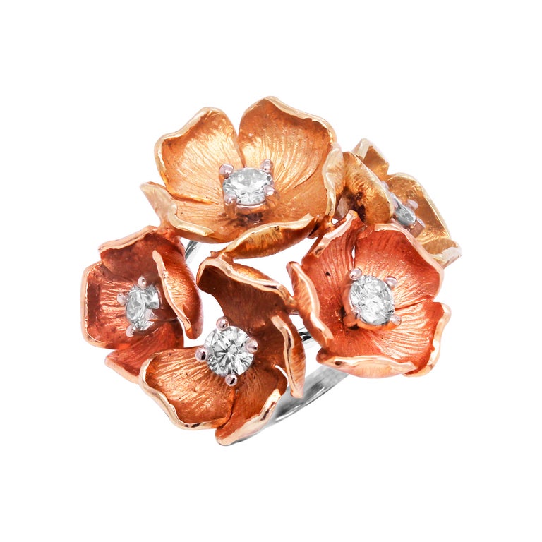 14 Karat Yellow Rose White Gold Diamonds Floral Five Flowers Ring For