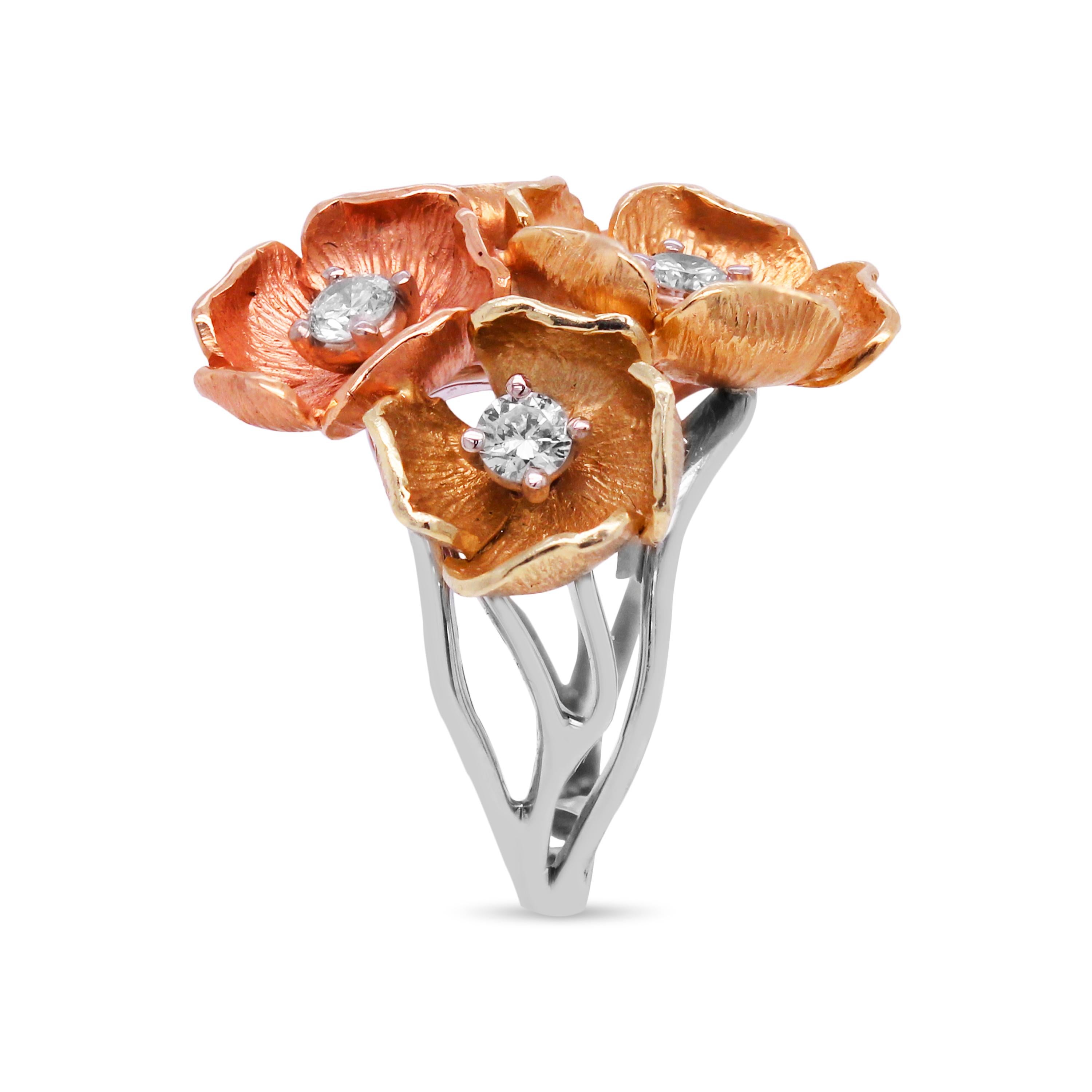 Contemporary 14 Karat Yellow Rose White Gold Diamonds Floral Five Flowers Ring For Sale