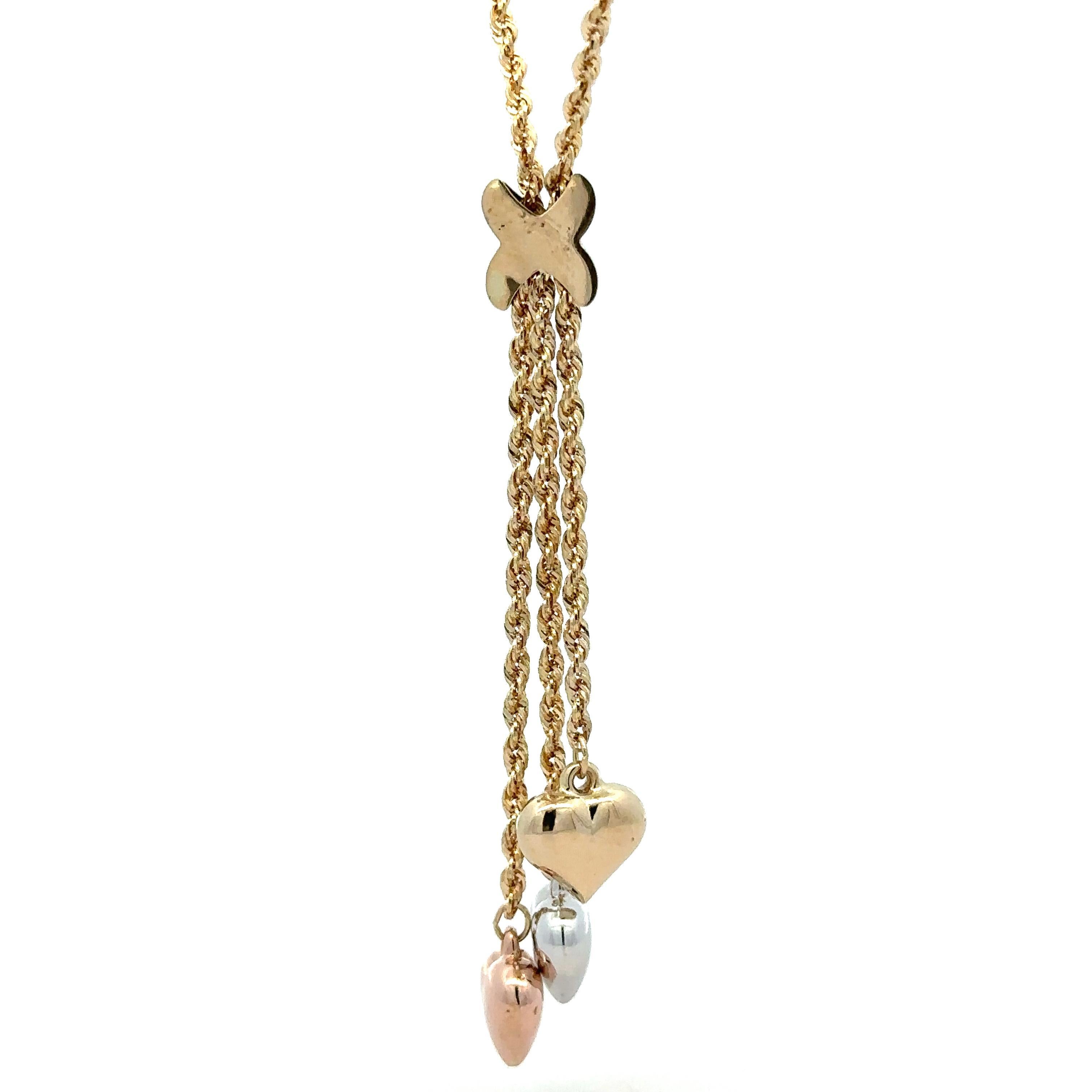 14k Yellow Rose White Gold Puffed Hearts Rope Link Chain Lariat Necklace In Excellent Condition In Montclair, NJ