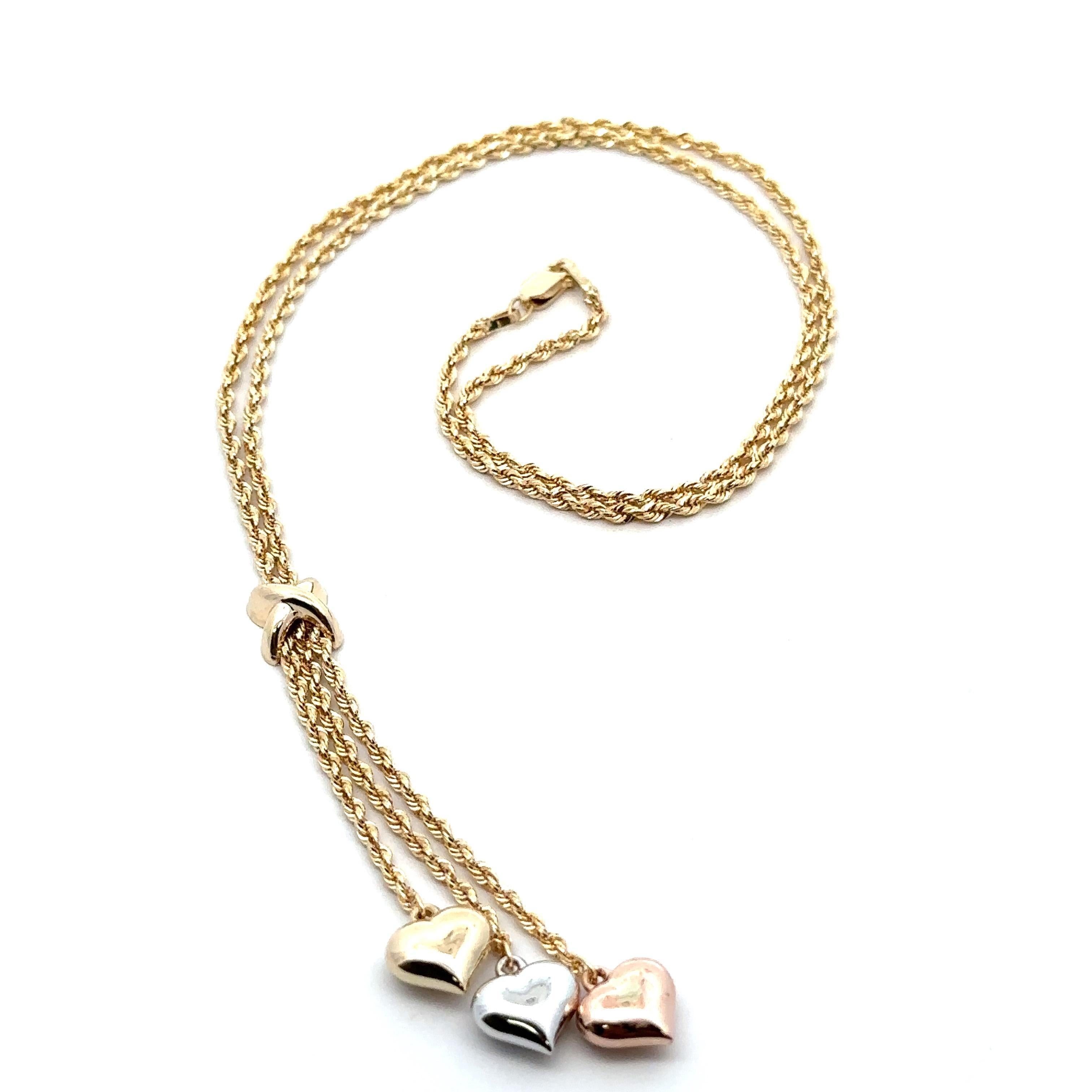 Women's 14k Yellow Rose White Gold Puffed Hearts Rope Link Chain Lariat Necklace