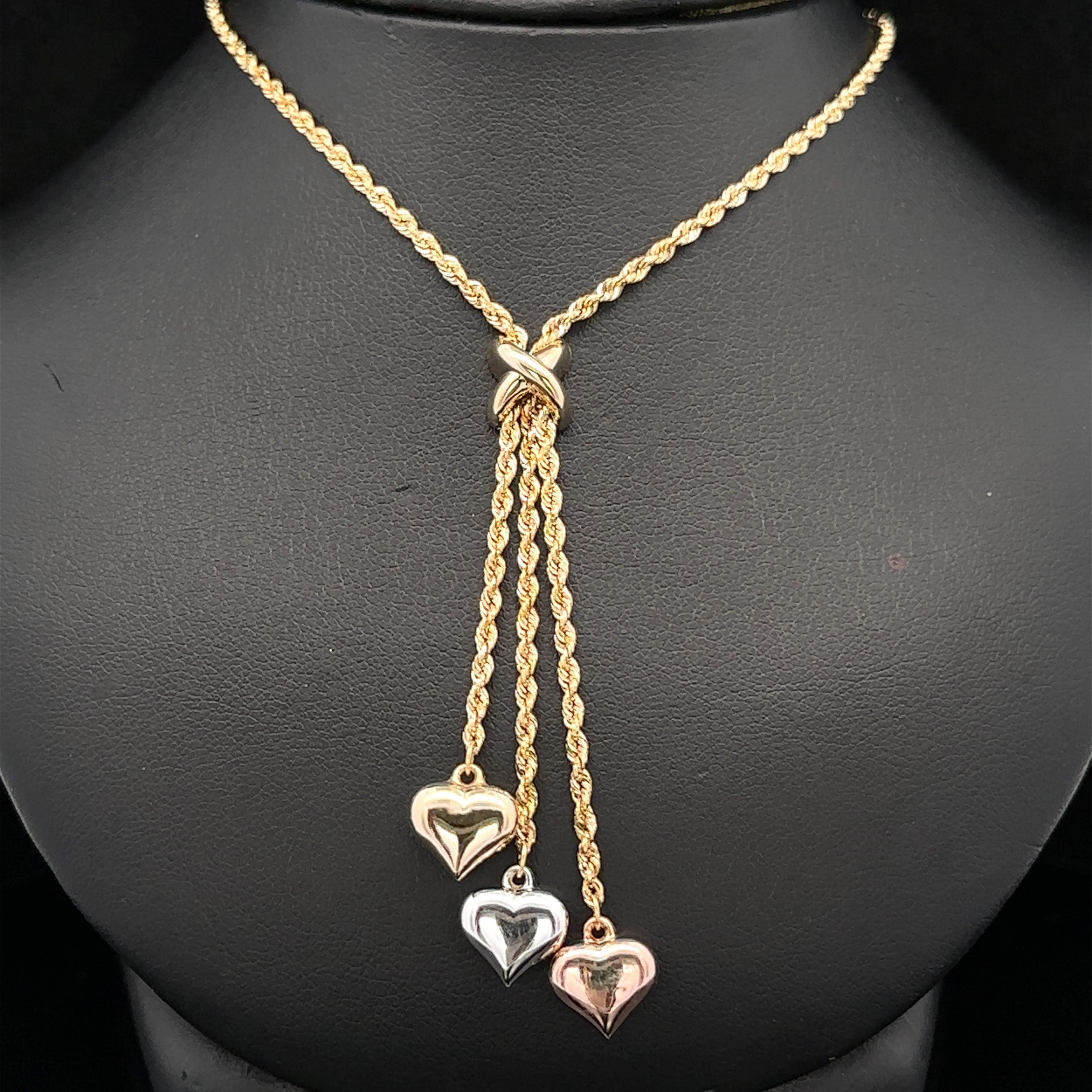 14k Yellow Rose White Gold Puffed Hearts Rope Link Chain Lariat Necklace 1