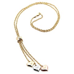 14k Yellow Rose White Gold Puffed Hearts Rope Link Chain Lariat Necklace