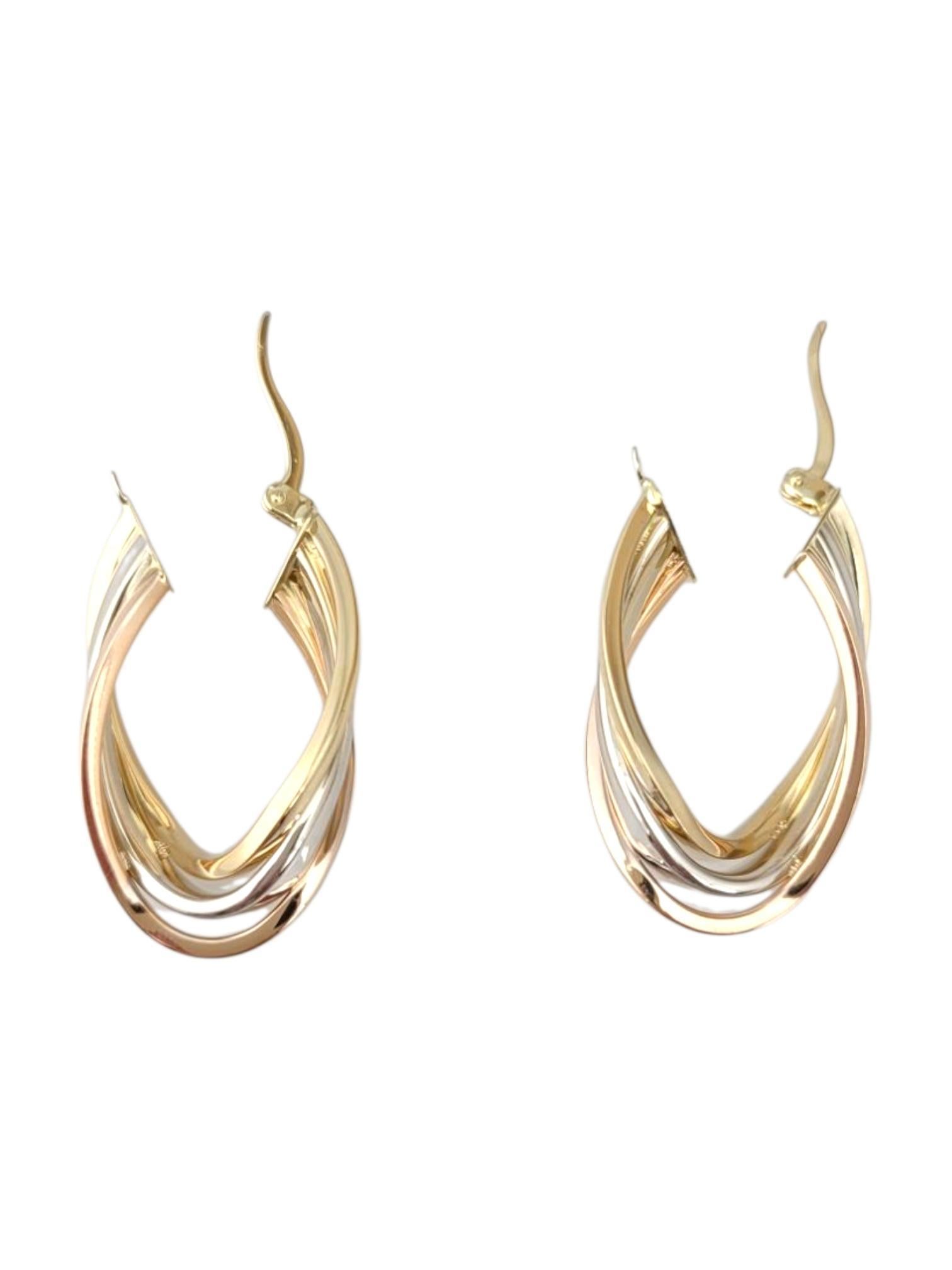 14K Yellow, Rose & White Gold Tri - Color Twisted Hoop Earrings -

These tri-color twisted hoop earrings feature a stunning blend of yellow, white, and rose gold in an intricate twisted design. The combination of three vibrant metals creates a