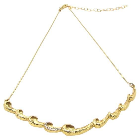 14K Yellow Single Wave Necklace with Diamond Accent and Adjustable Chain For Sale