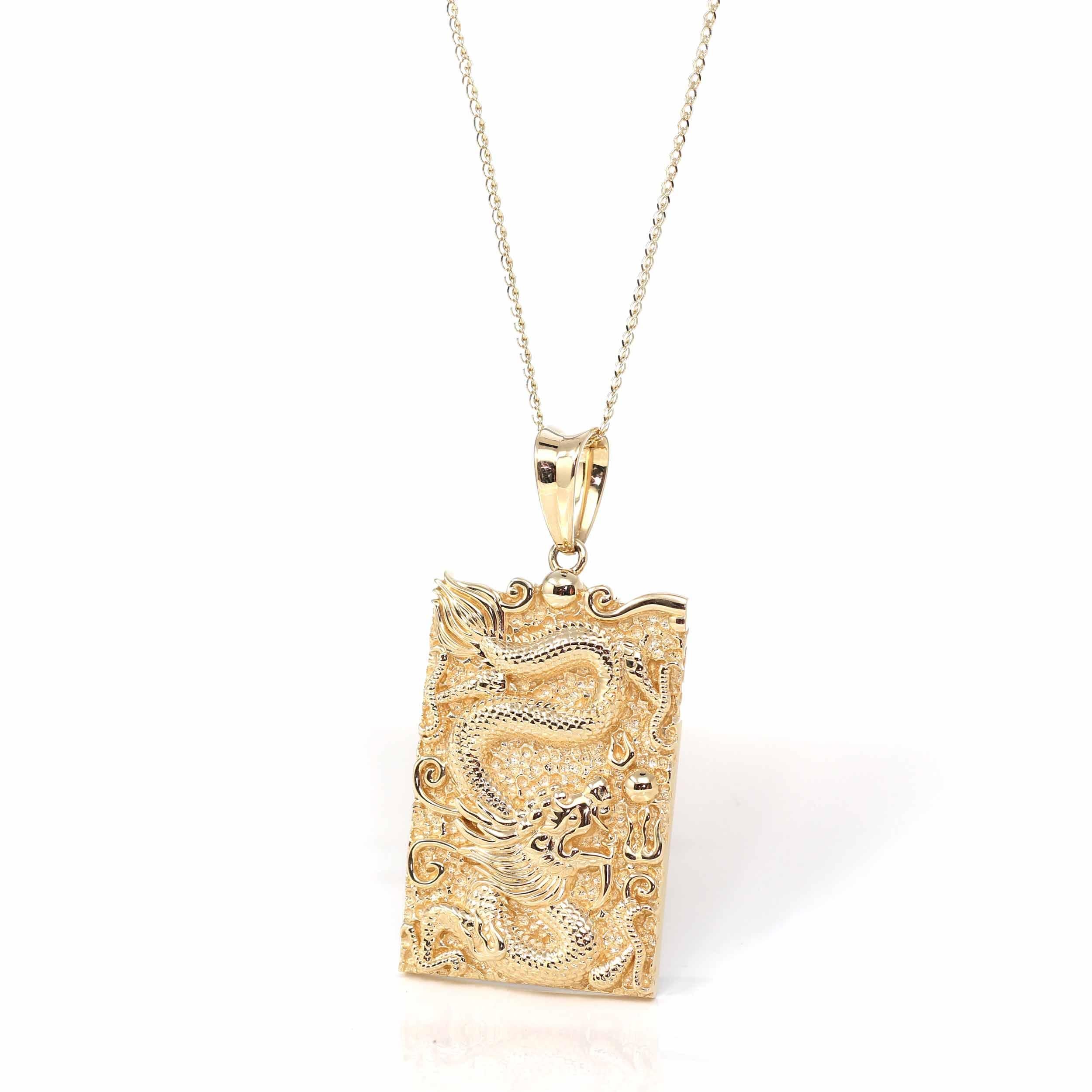 Design Concept--- This pendant is made with 14K yellow pure gold. Depicts a powerful dragon soaring in the clouds. In Asian culture, the dragons are a symbol of good luck, authority and protection. It's very detailed and exquisite. The one of a kind