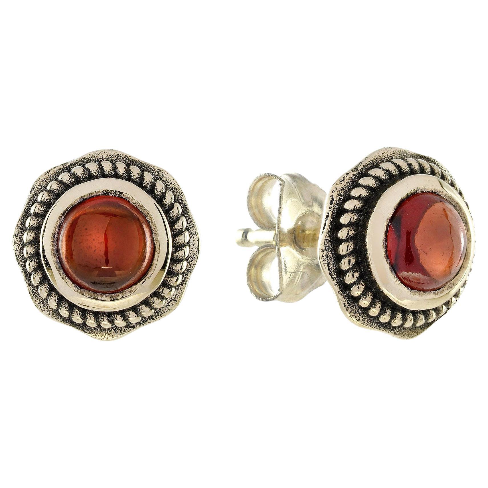 14K Yellow Solid Gold Cabochon Garnet Vintage Style stud Earrings For Sale