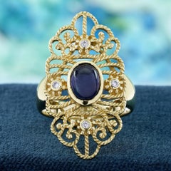 14K Yellow Solid Gold Cabochon Sapphire and Diamond Vintage Style Cocktail Ring