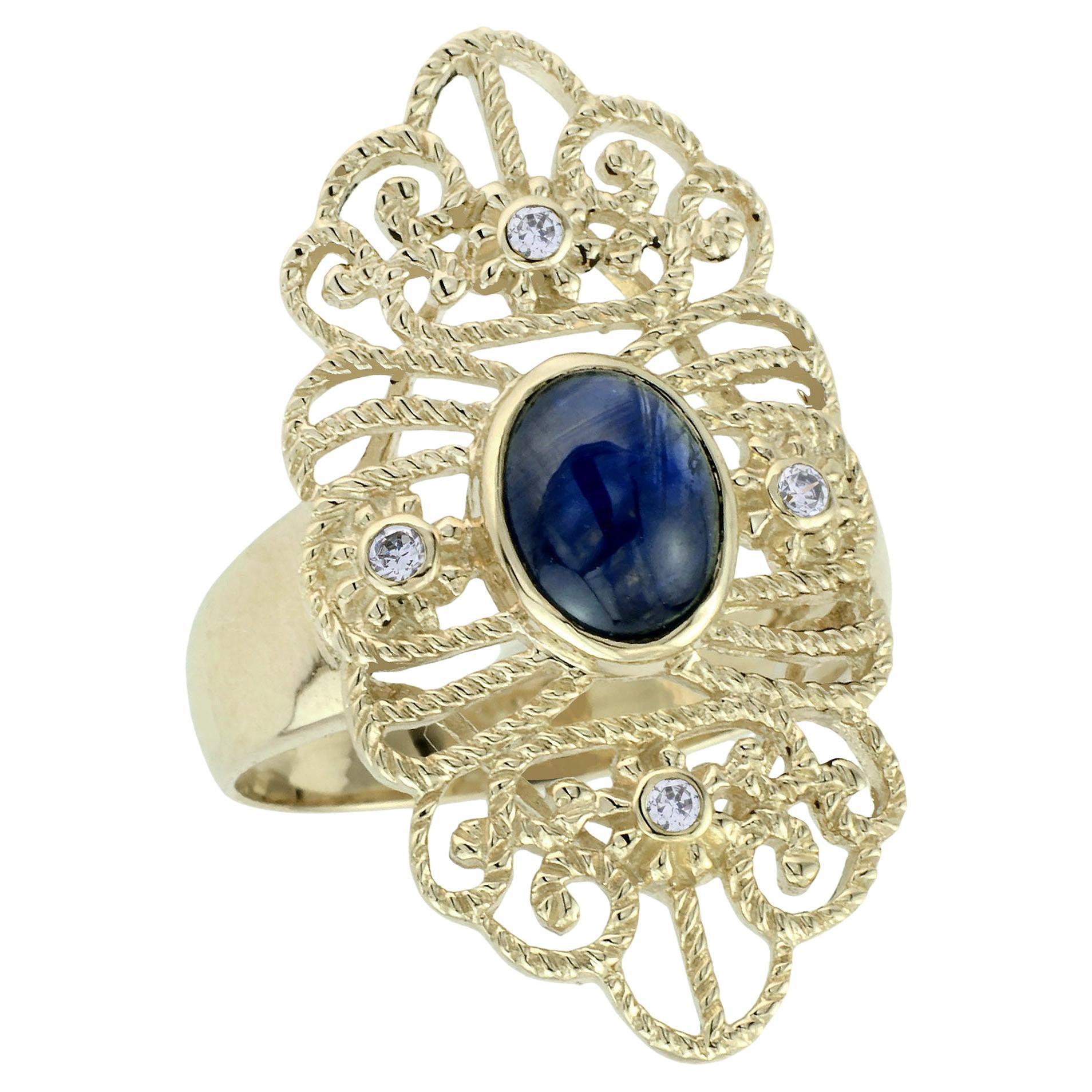 14K Yellow Solid Gold Cabochon Sapphire and Diamond Vintage Style Cocktail Ring For Sale