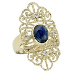 14K Yellow Solid Gold Cabochon Sapphire and Diamond Vintage Style Cocktail Ring
