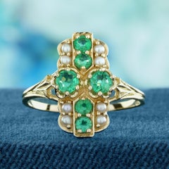 14K Yellow Solid Gold Emerald and Pearl Vintage Style Cluster Ring