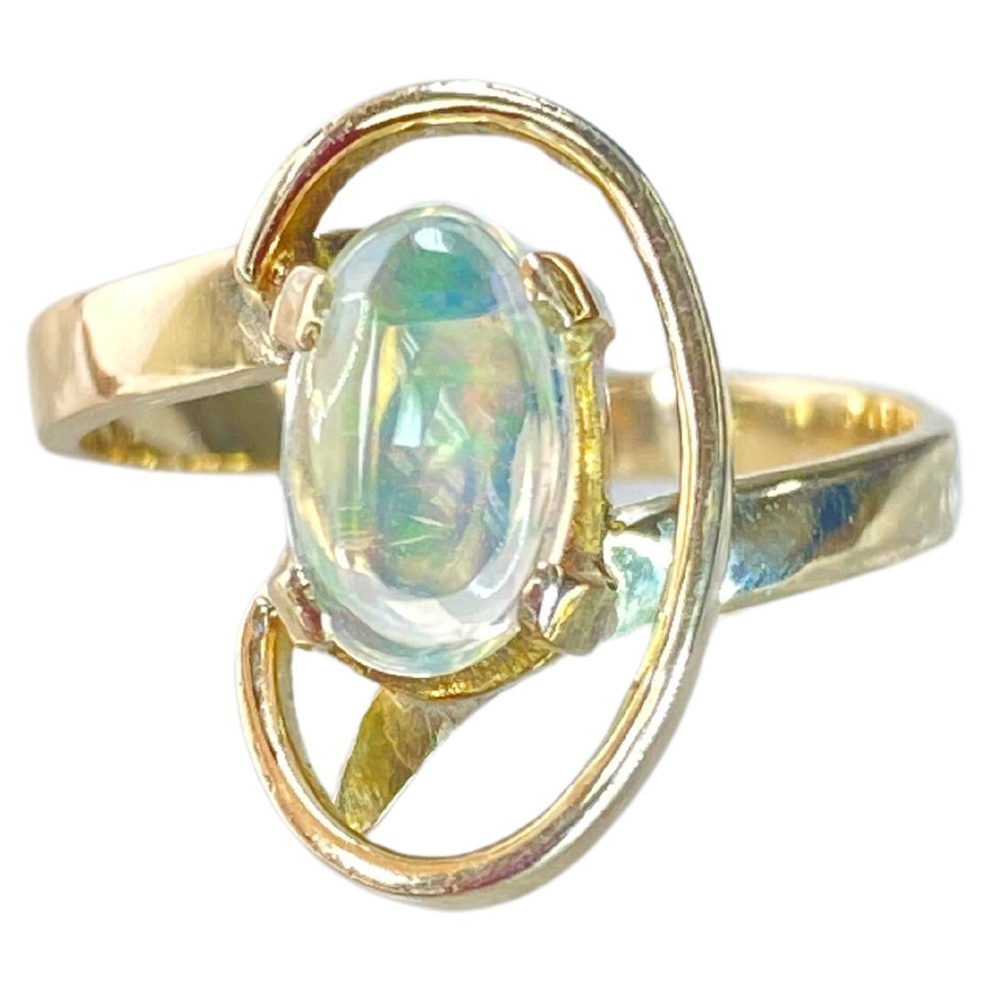 14K Yellow Solid Gold Estate Natural Fire Opal Cosmic Overlay Bypass Ring For Sale