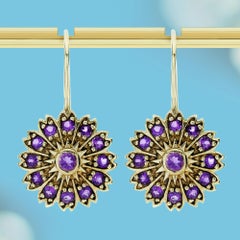 14K Yellow Solid Gold Natural Amethyst Vintage Style Floral Hook Earrings
