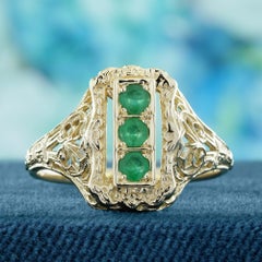 14K Yellow Solid Gold Natural Emerald Vintage Style Filigree Three Stone Ring