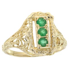 14K Gelb Massiv Gold Natürlicher Smaragd Vintage Style Filigraner Drei Stein Ring