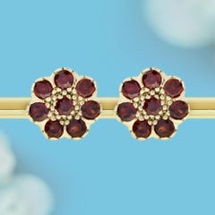 14K Yellow Solid Gold Natural Garnet Vintage Style Cluster Stud Earrings