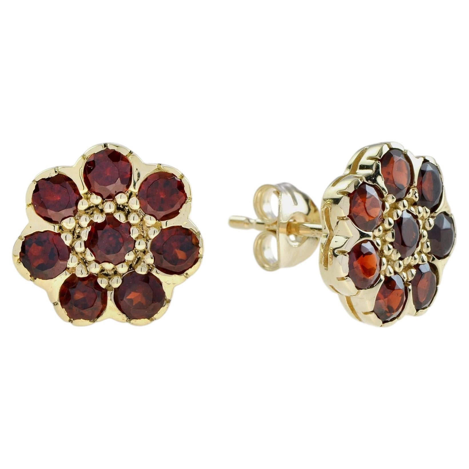 14K Yellow Solid Gold Natural Garnet Vintage Style Cluster Stud Earrings