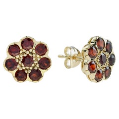 14K Yellow Solid Gold Natural Garnet Vintage Style Cluster Stud Earrings