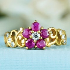 Anello floreale in oro giallo massiccio 14K con rubino naturale e diamanti in stile vintage