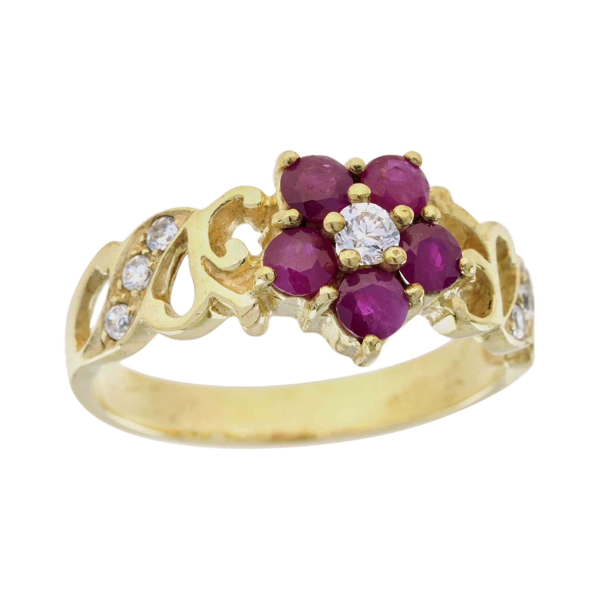 14K Yellow Solid Gold Natural Ruby and Diamond Vintage Style Floral Ring For Sale