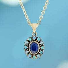 14K Yellow Solid Gold Sapphire and Opal Vintage Style Blooming Pendant
