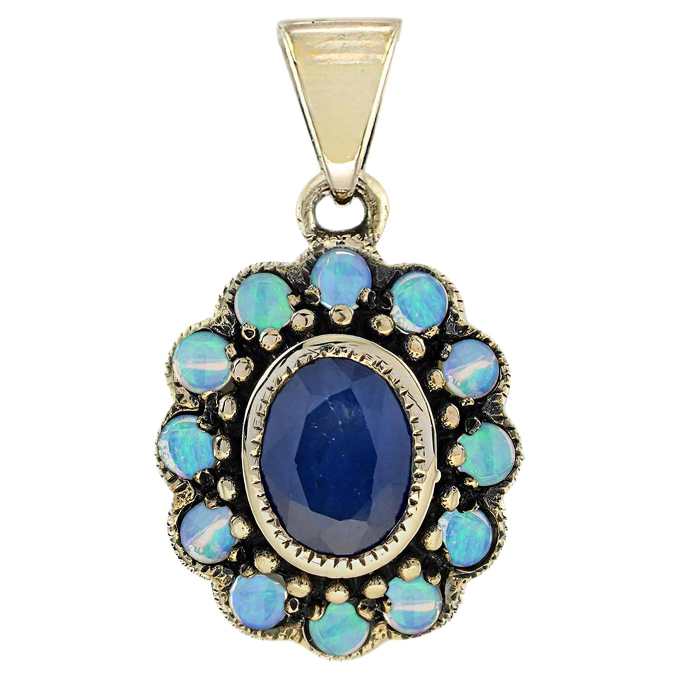 14K Yellow Solid Gold Sapphire and Opal Vintage Style Blooming Pendant