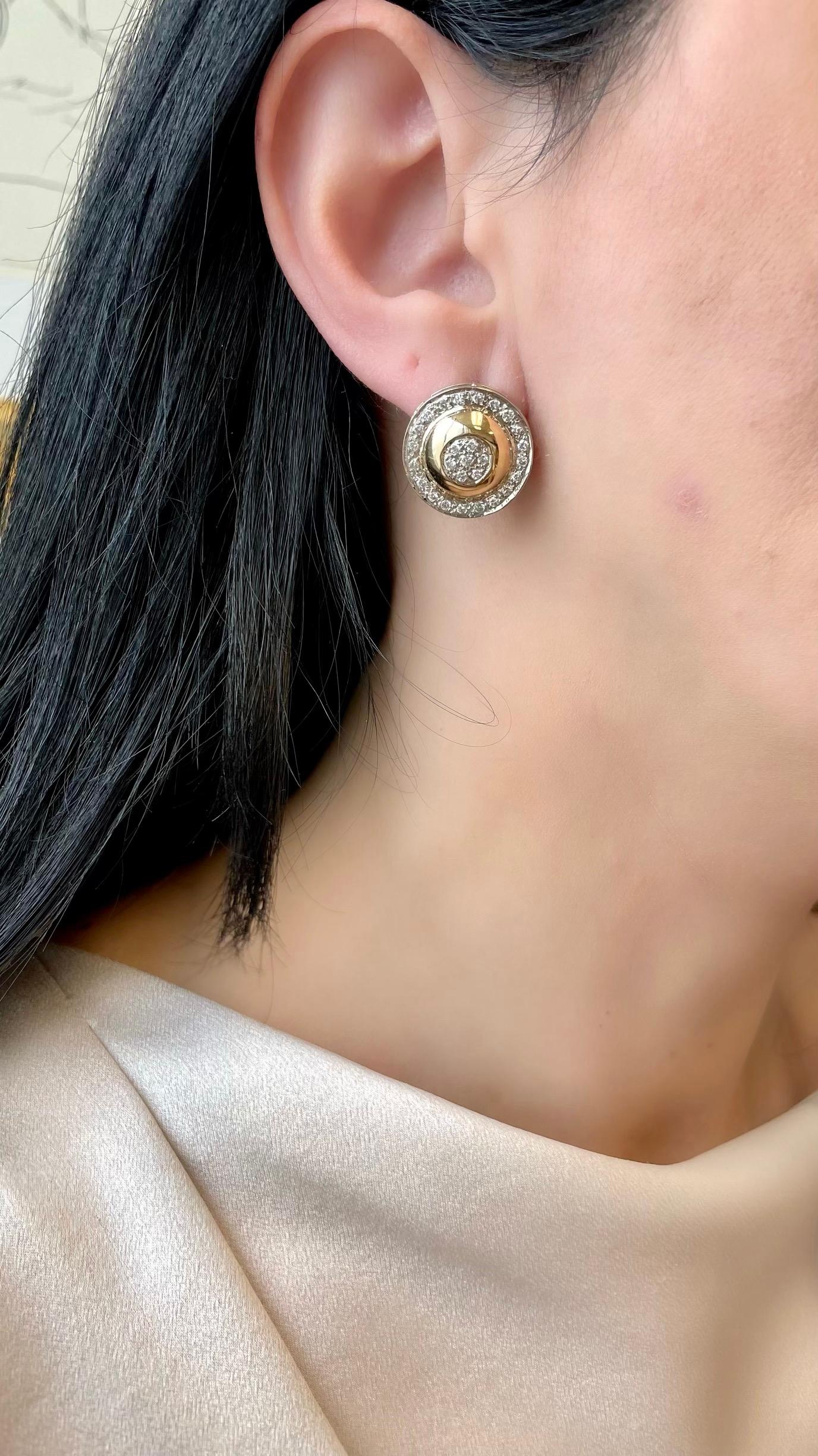 Vintage 2.25 Carats Cluster Diamond Domed Button Omega Back Earrings 14k Yellow In Excellent Condition For Sale In beverly hills, CA