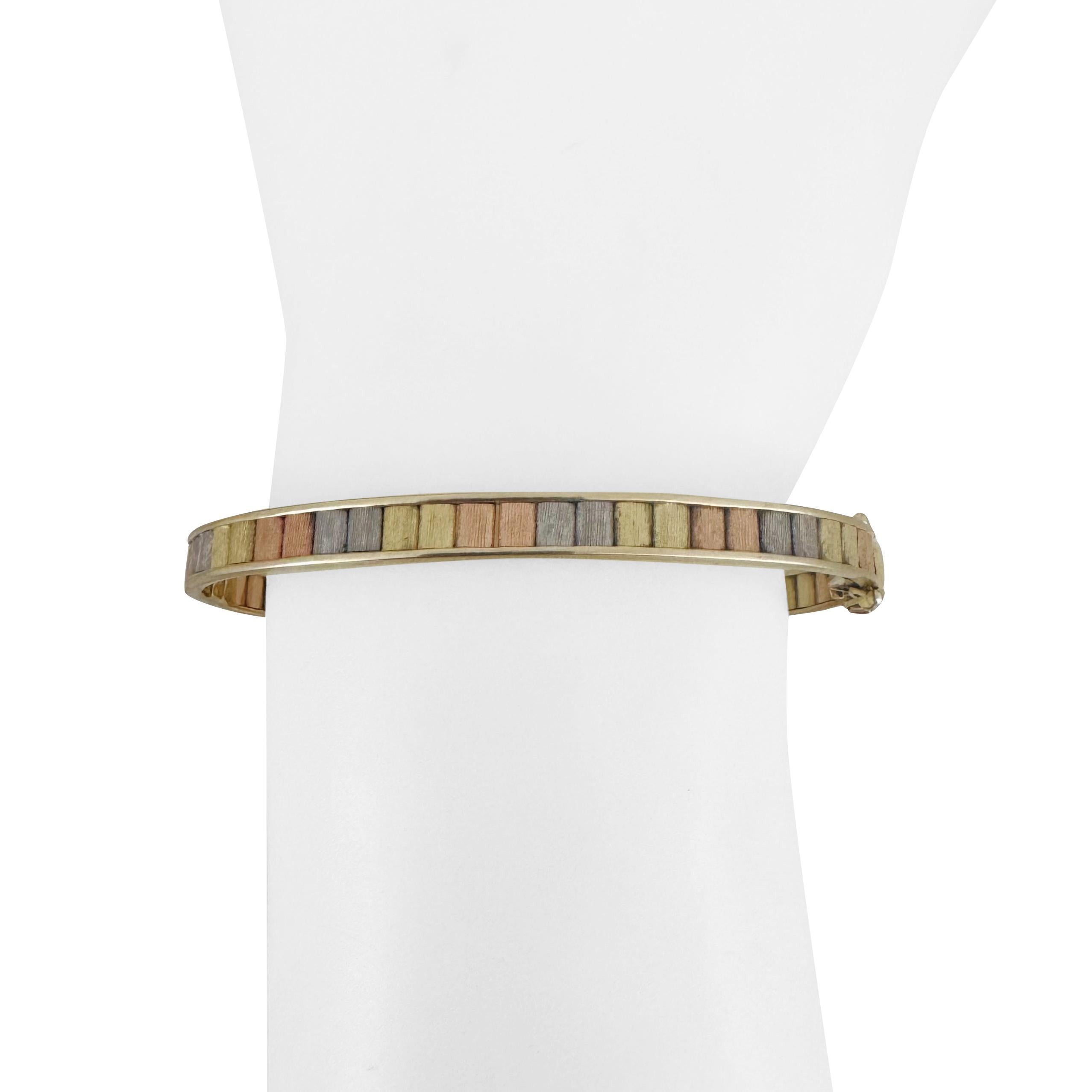 14k Yellow White and Rose Gold 14.4g Tri Tone Bangle Bracelet Italy 6.75