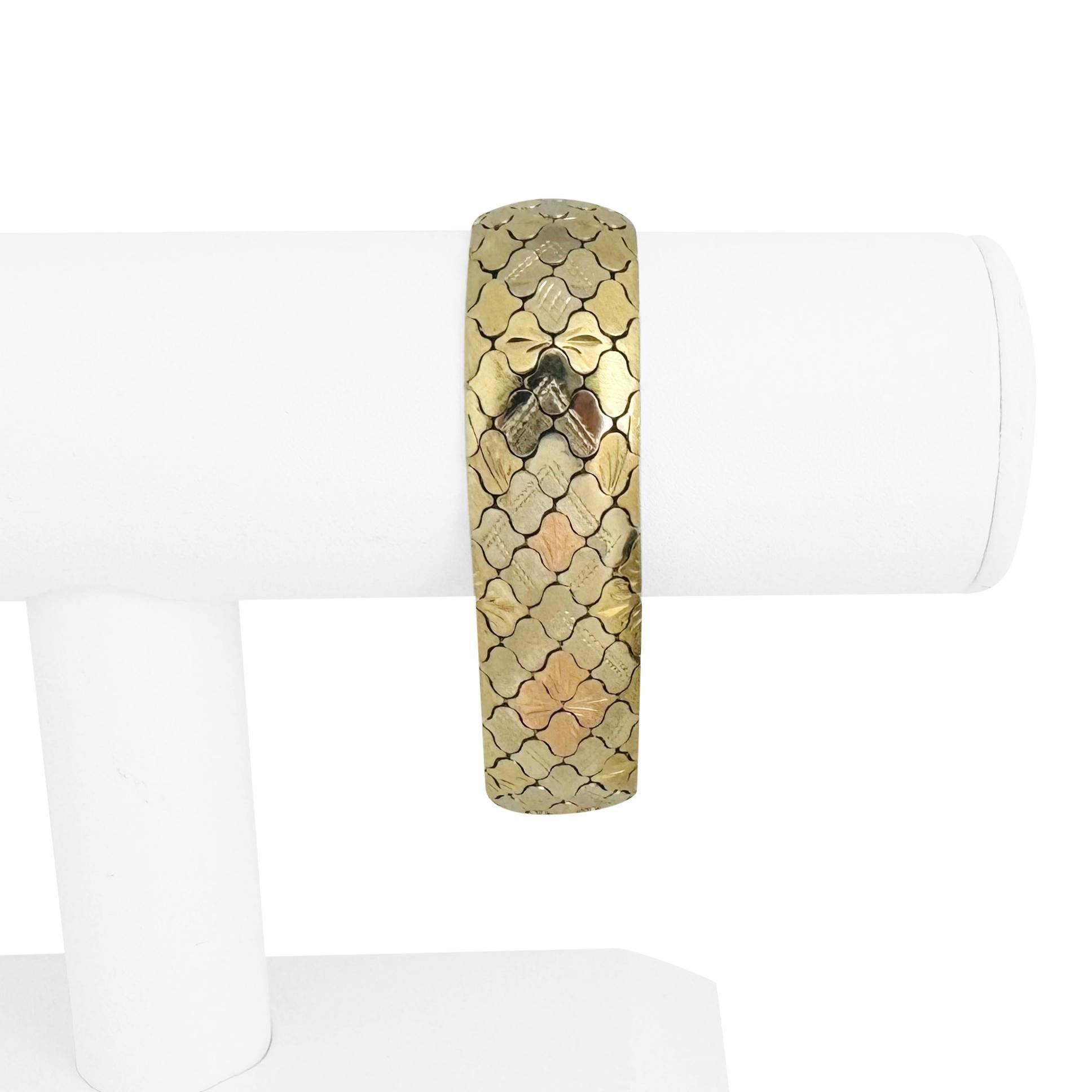 Zustand:  Ausgezeichneter Condit, Professionell gereinigt und poliert
Metall: 14k Gold (markiert und professionell getestet)
Gewicht: 41,2g
Länge: 7,25 Zoll
Breite: 17,5 mm
Verschluss: Boxenlascheneinsatz mit zwei