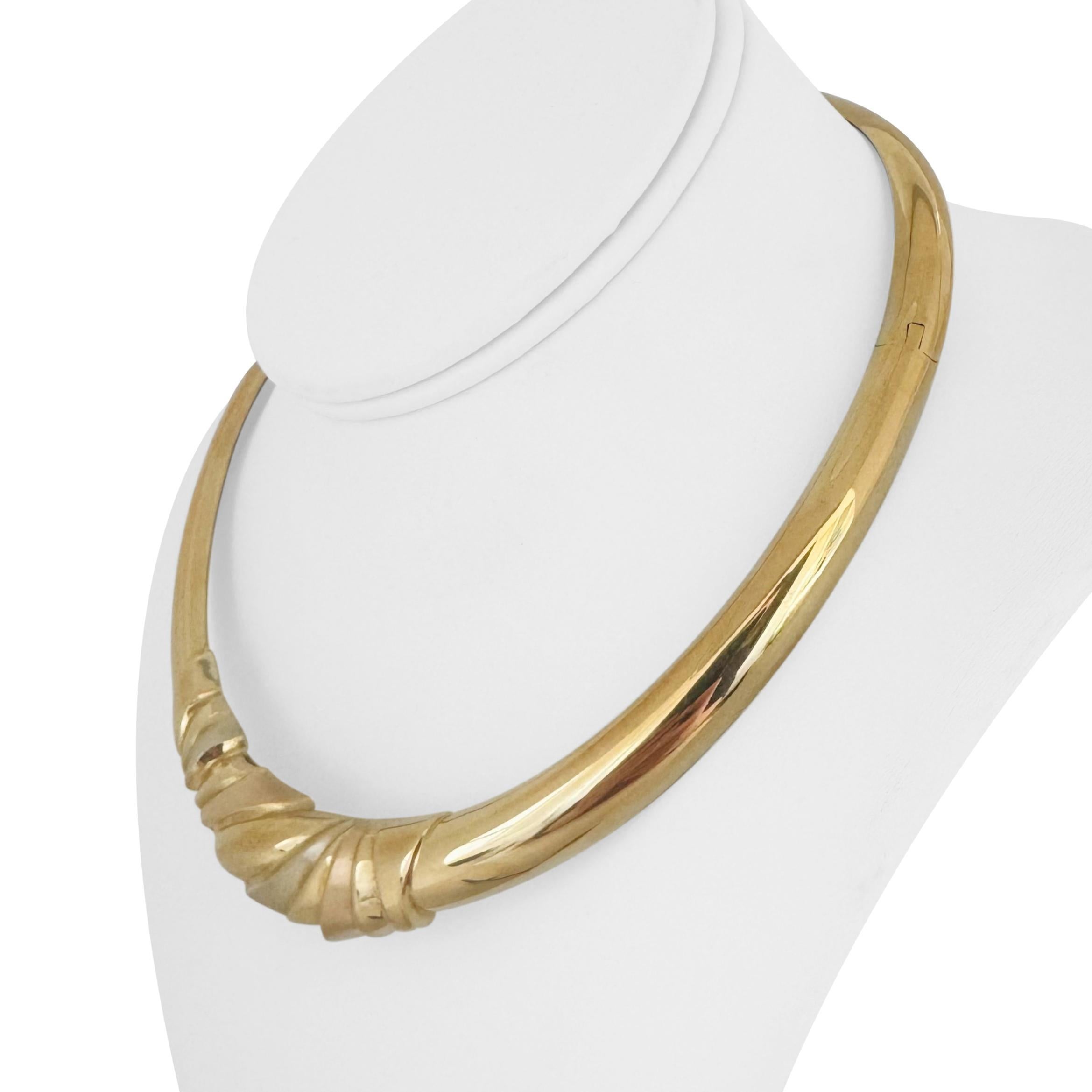 Condition:  Excellent Condition, Professionally Cleaned and Polished
Metal:  14k Gold (Marked, and Professionally Tested)
Weight:  54.7g
Length:  16 Inches
Width:  17mm at widest, 7mm at narrowest
Closure: Box Tab Insert
Markings:  