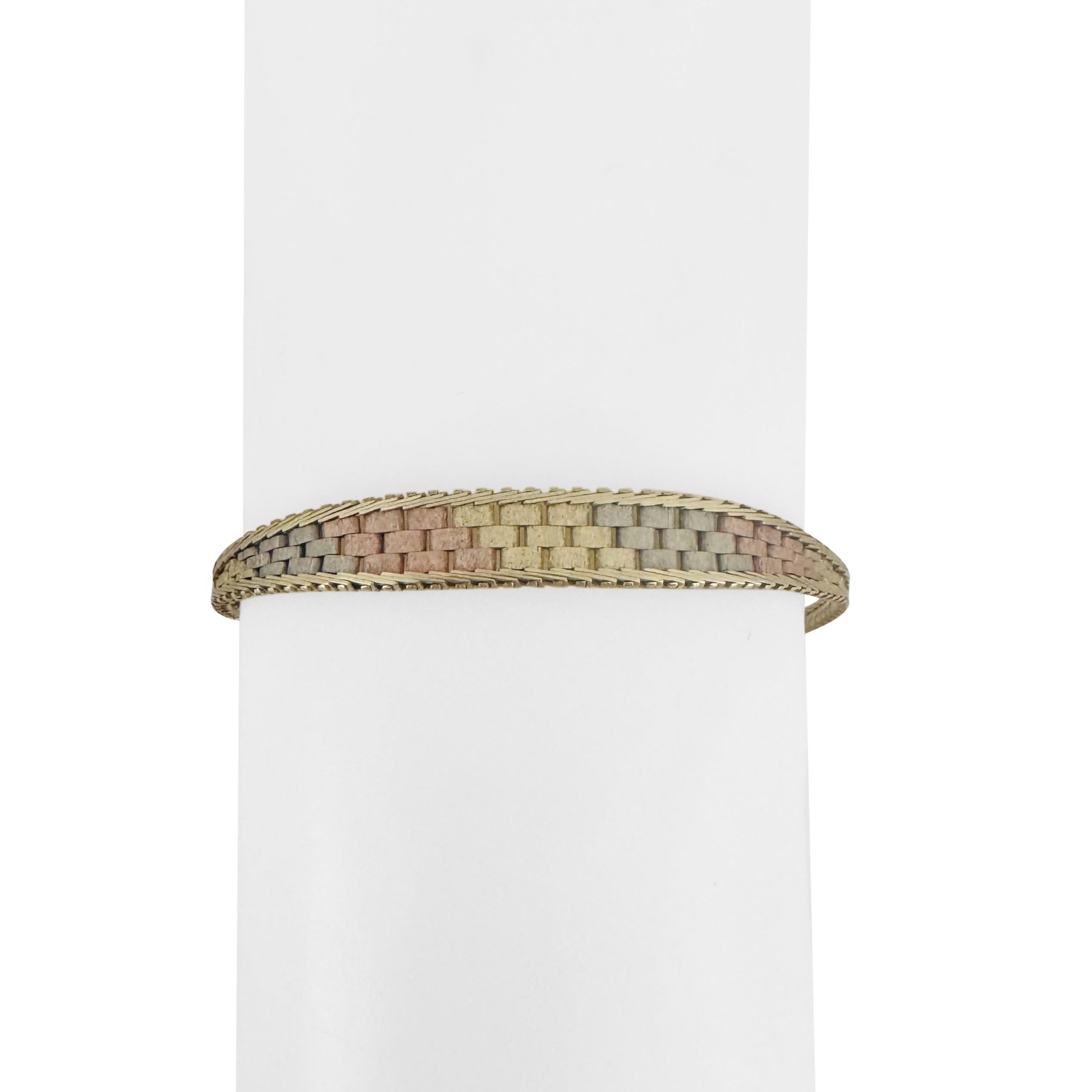 14k Yellow White and Rose Gold 8g Ladies Graduated Tri Tone Bracelet Italy 7.25