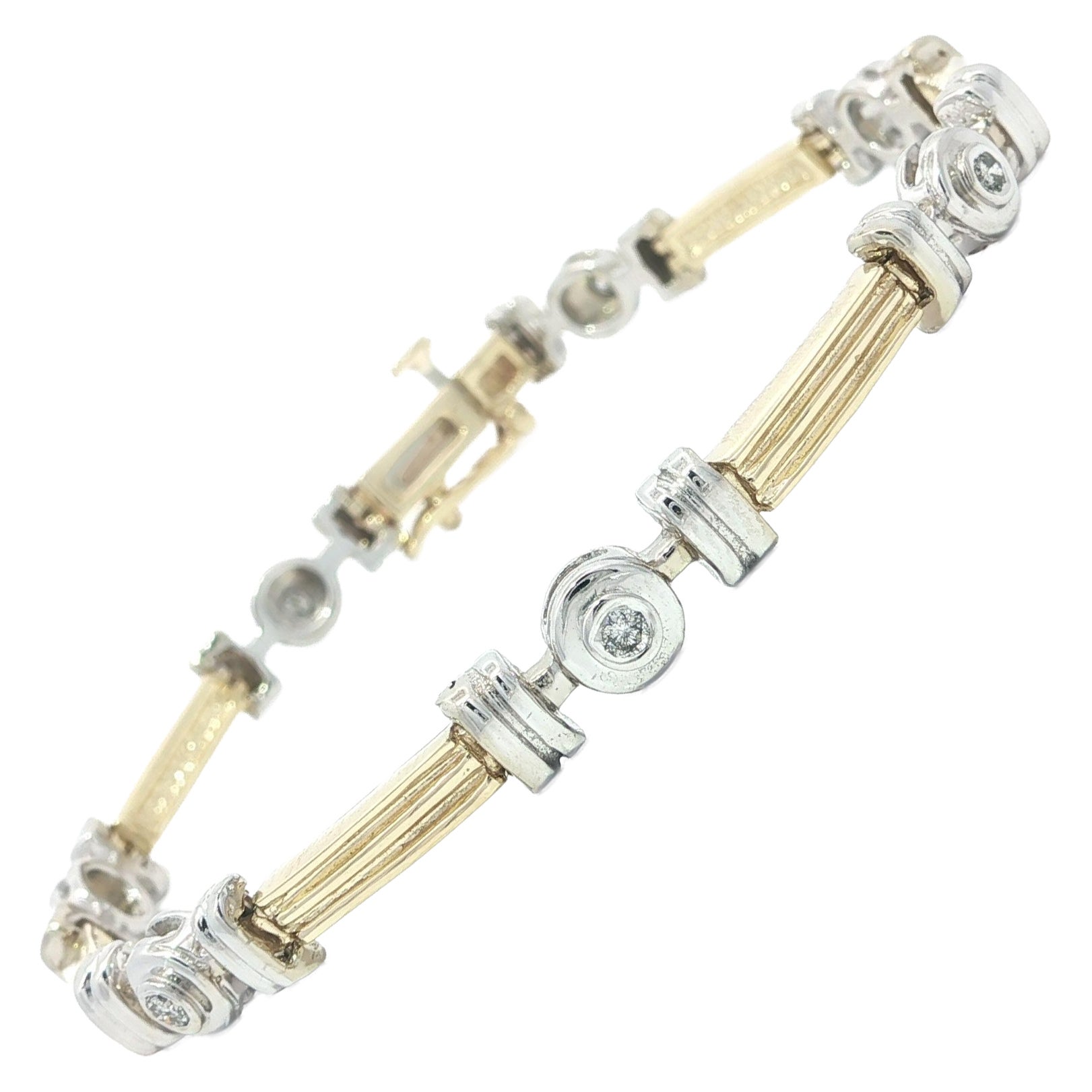 14k Yellow & White Gold 0.20ctw Bezel Diamond Grooved Sections Stack Bracelet For Sale
