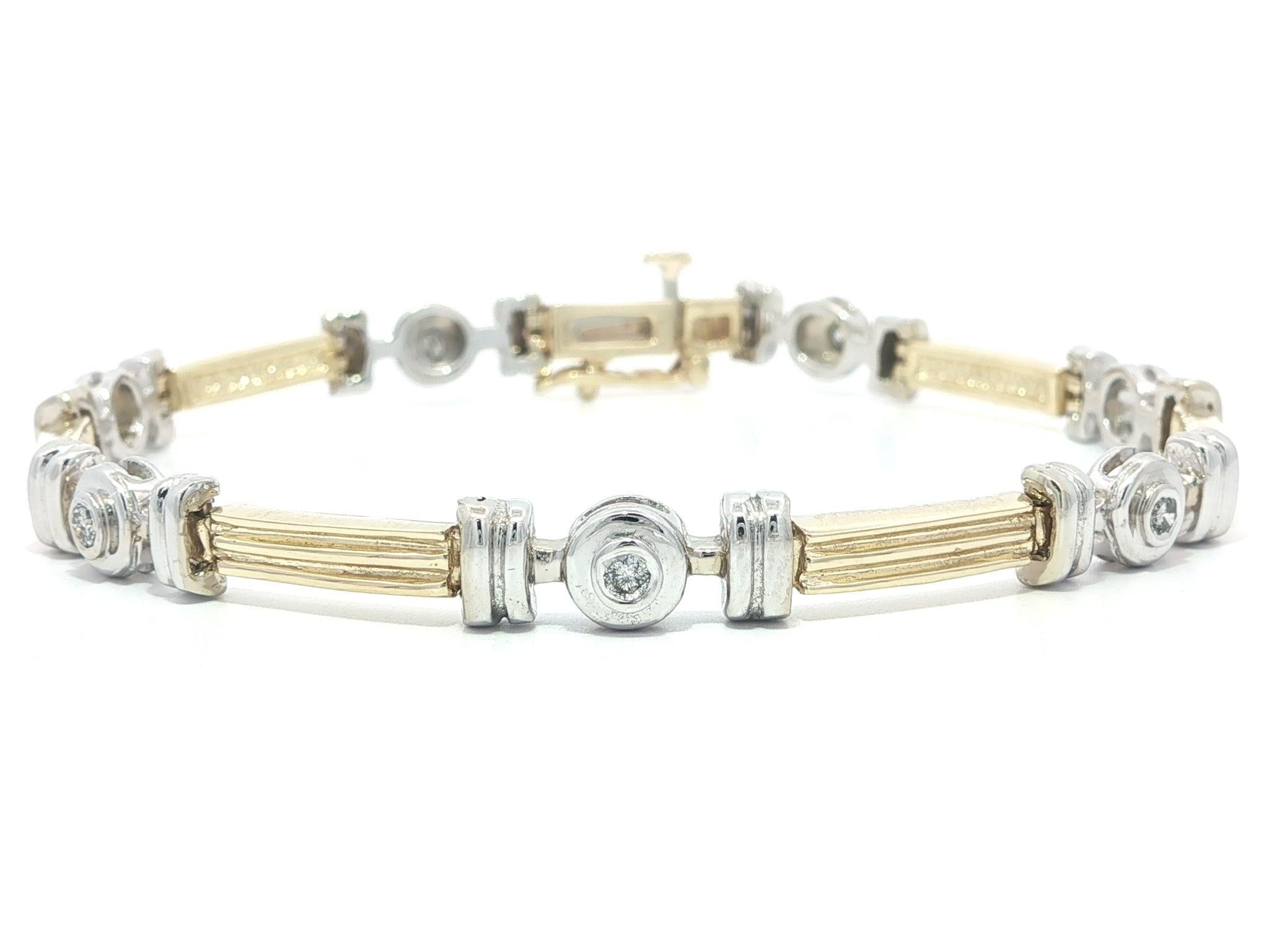 14k Yellow 
White Gold 0.20ctw Bezel Diamond Grooved Sections Stack Bracelet For Sale