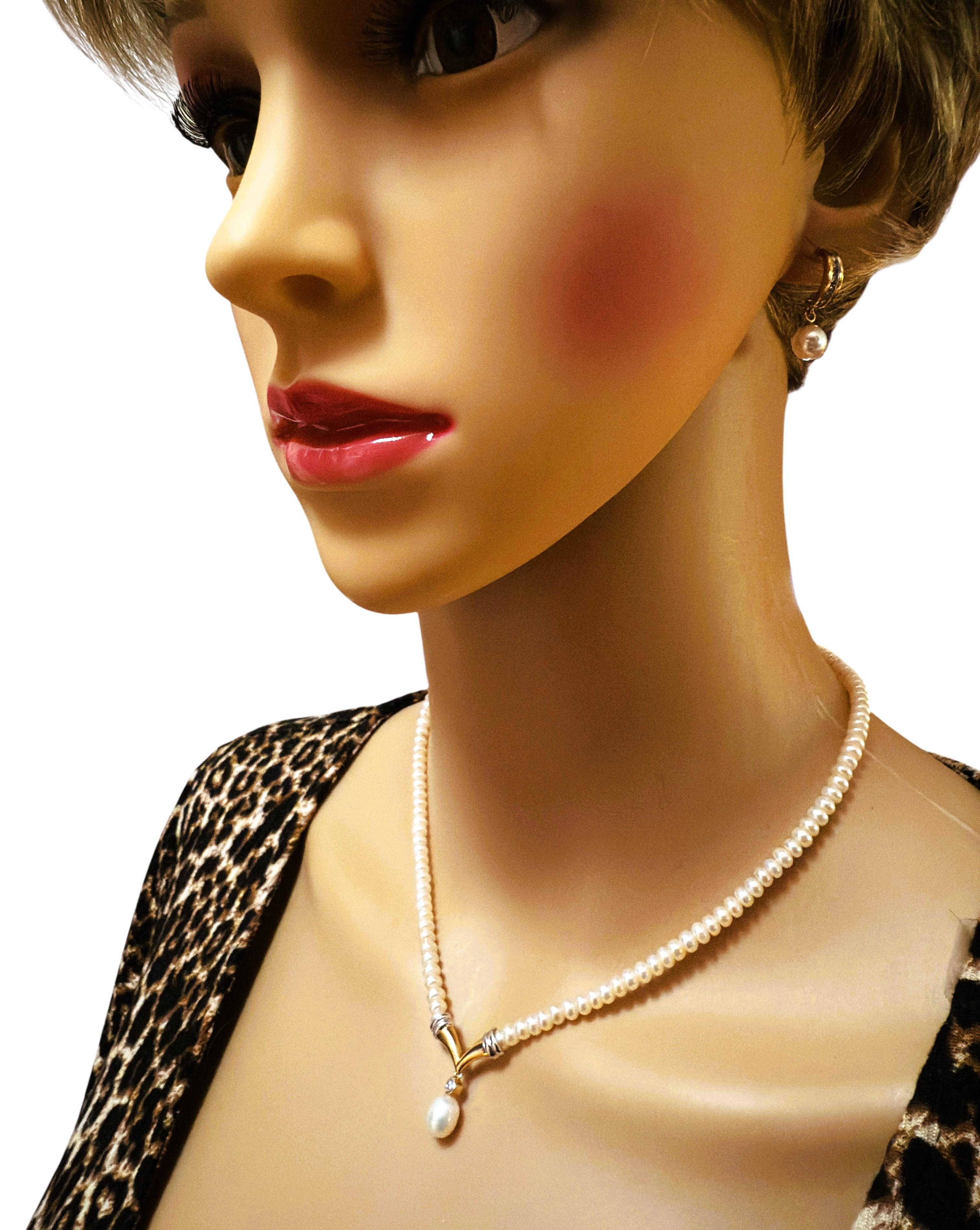Collier en or jaune et blanc 14k, diamant de 0,04 carat et perle d'eau douce, 16 pouces en vente 3