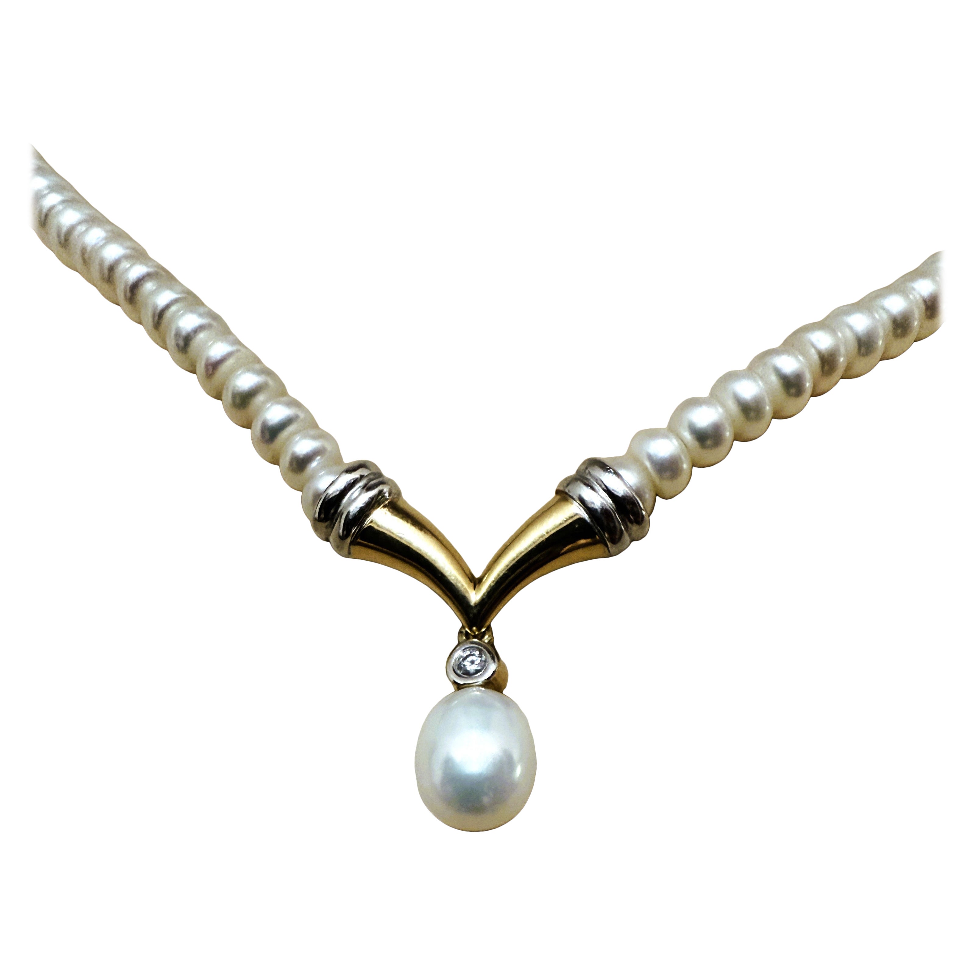Collier en or jaune et blanc 14k, diamant de 0,04 carat et perle d'eau douce, 16 pouces en vente