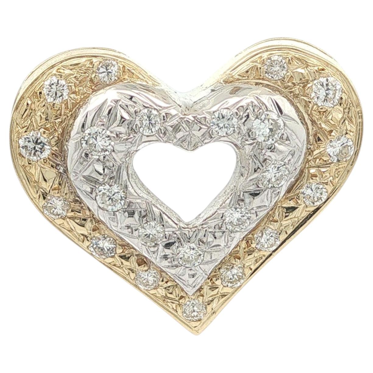 14k Yellow White Gold 0.85ctw Fiery Pave Diamond Dual Puffed Heart Slide Pendant