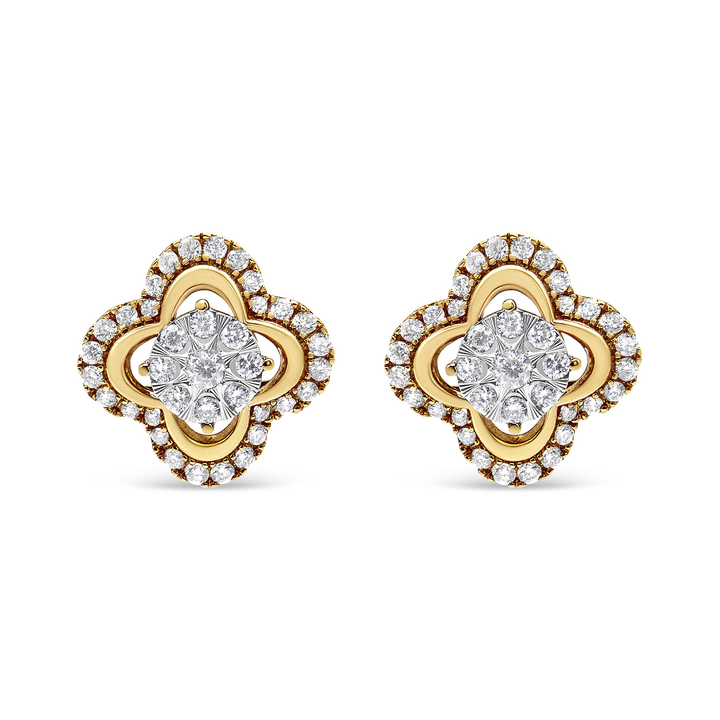 Diese einzigartig glamourösen Ohrstecker aus 14k Gelb- und Weißgold haben ein wunderschönes Design im Vintage-Stil, das Klasse und Eleganz ausstrahlt. Das zentrale Motiv besteht aus kreisförmig angeordneten Diamanten im Rundschliff, die von einem