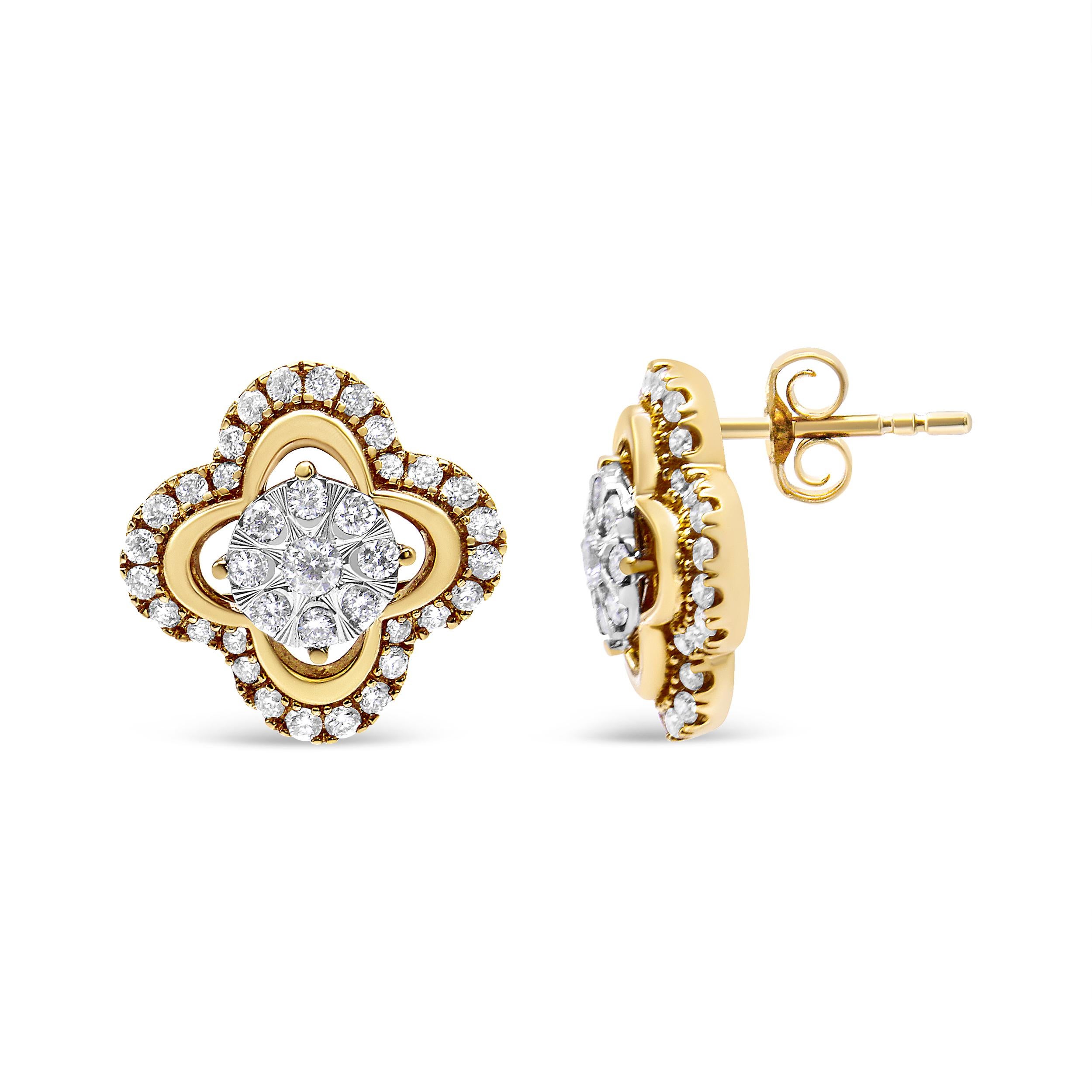 14 Karat Gelb- und Weißgold 1,0 Karat Diamant Vintage-Halo-Ohrstecker (Zeitgenössisch)