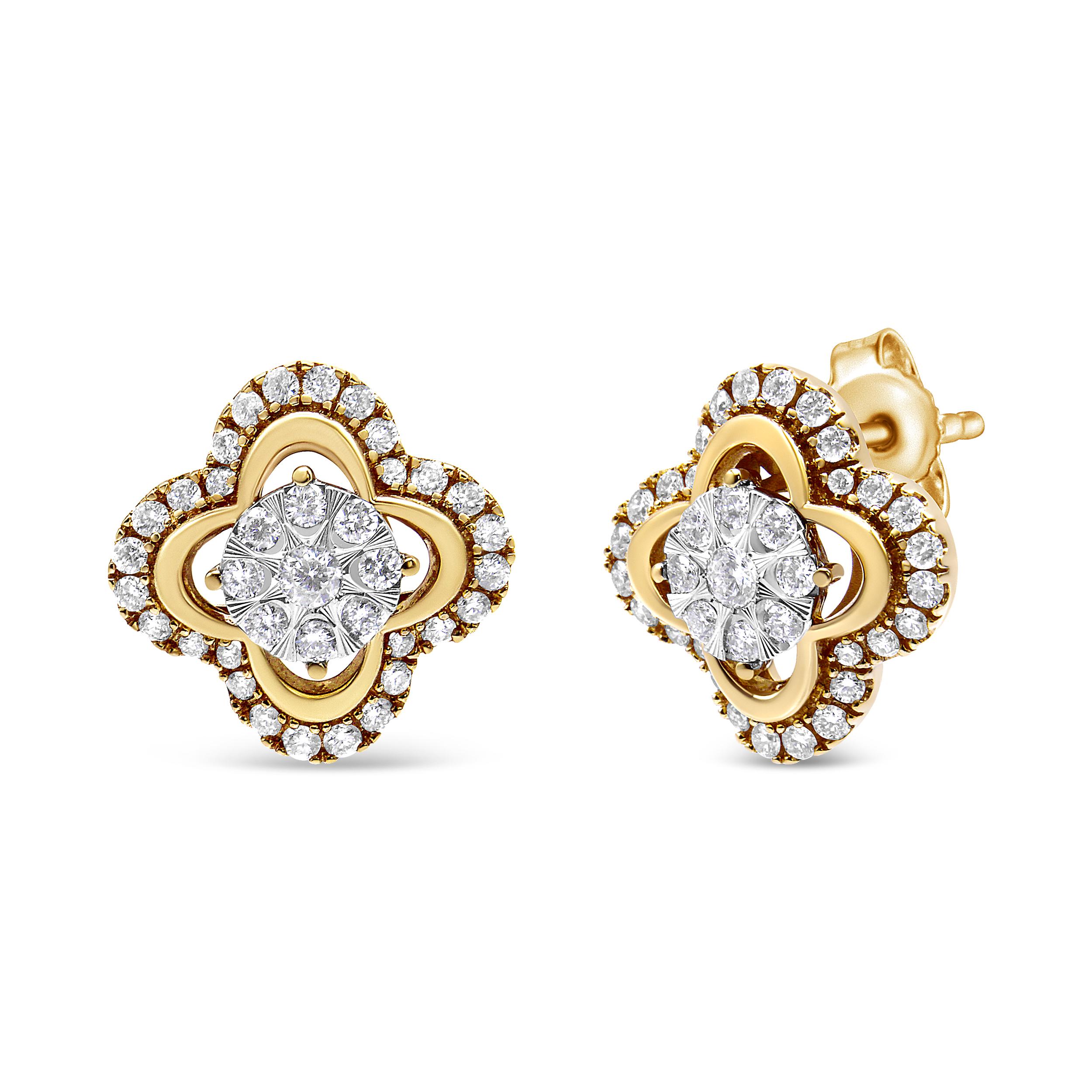 14 Karat Gelb- und Weißgold 1,0 Karat Diamant Vintage-Halo-Ohrstecker (Rundschliff)