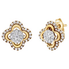 14K Yellow & White Gold 1.0 Carat Diamond Vintage Style Halo Stud Earrings