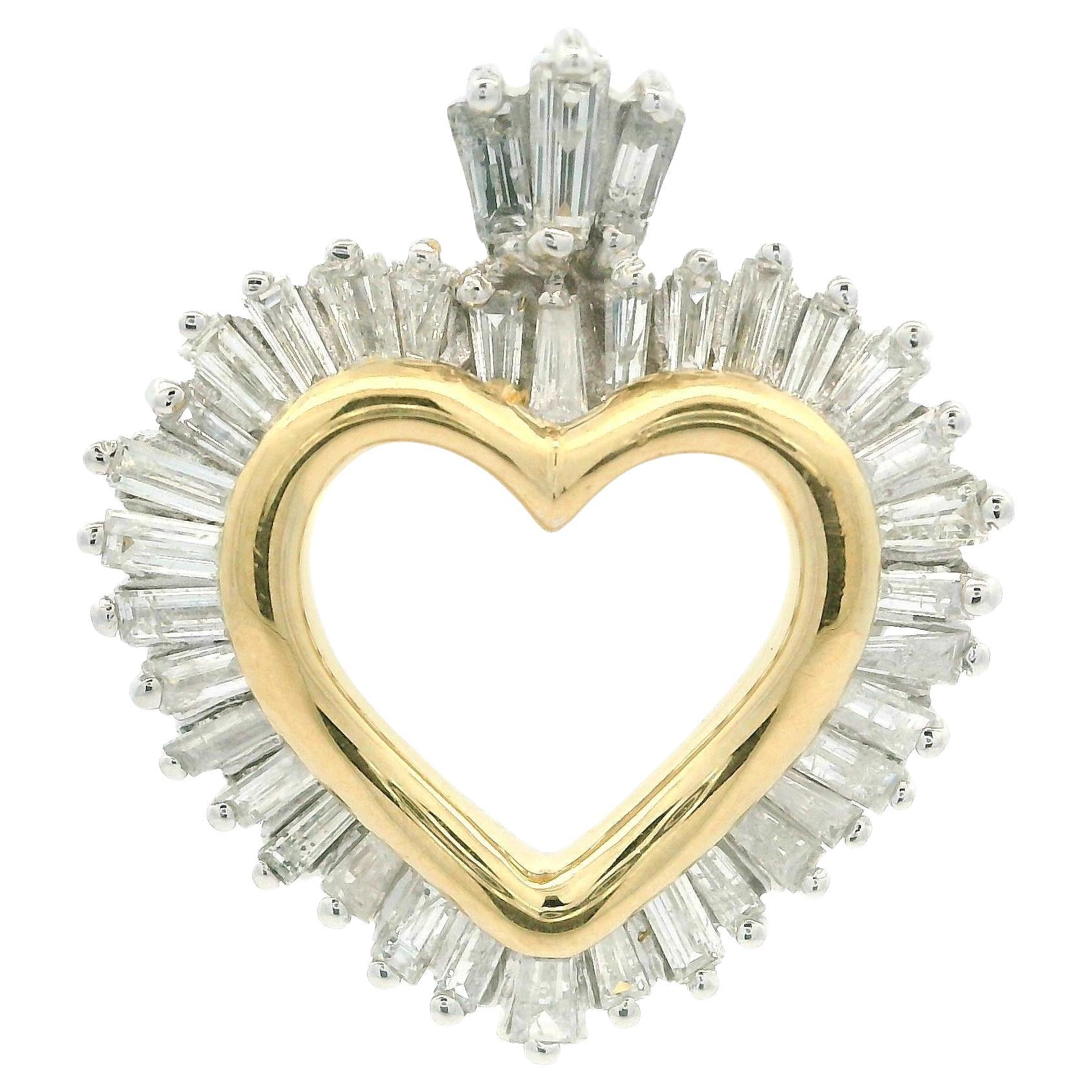 14k Yellow 
White Gold 1.25ctw Baguette Channel Set Diamond Open Heart Pendant en vente