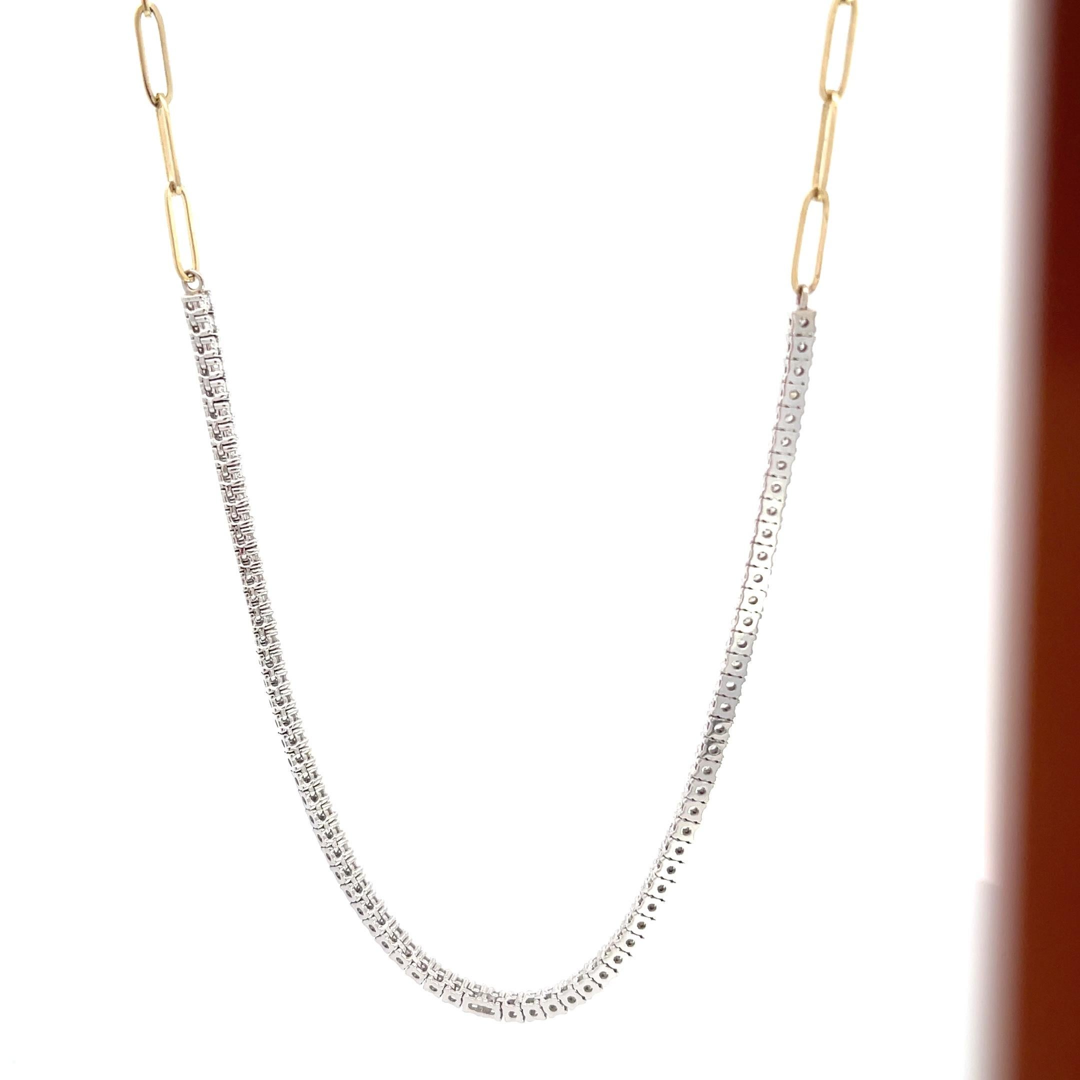 Round Cut 14K Yellow & White Gold 2.40ctw Diamond Tennis Necklace with paperclip chain For Sale